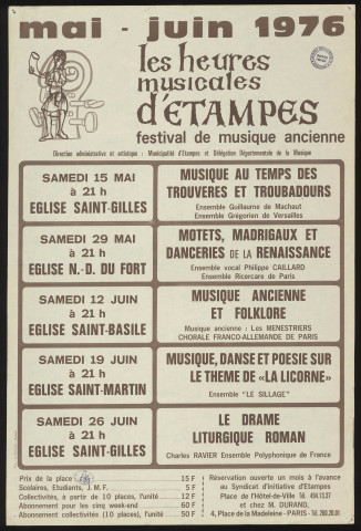 ETAMPES.- Les heures musicales d'Etampes. Festival de musique ancienne : programme, mai-juin 1976. 