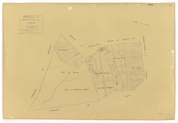 Plans minutes de conservation : BREUX-JOUY : tableau d'assemblage, ech. 1/10000 (1932), sections A1, ech. 1/2500, sections A2, B1, B2, B3, ech. 1/1250, sections C, ech. 1/2500 (1932) ; section A2, ech. 1/1250 (1968), NB, papier, 105x80 [8 plans]. 