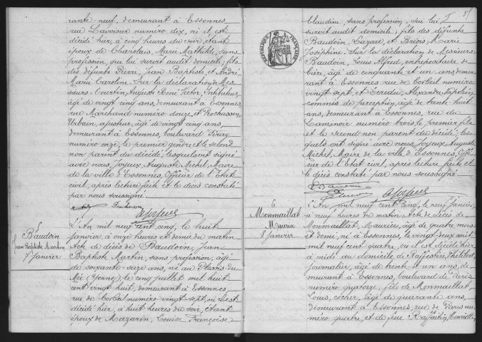 ESSONNES.- Décès : registre d'état civil (1905). 