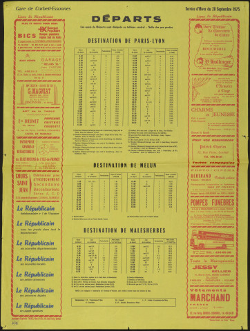 Le Républicain [quotidien régional d'information]. - Départs des trains de la gare de Corbeil-Essonnes, à partir du 28 septembre 1975 [service d'hiver] (1975). 