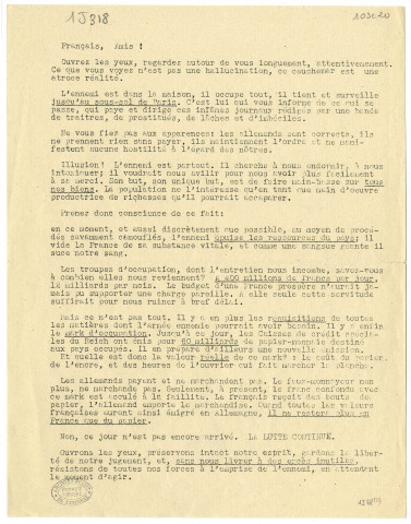 Guerre de 1939-1945. - Texte de lutte contre l'occupation allemande [s. d.]. 