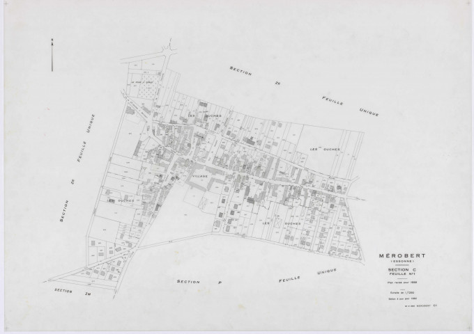 MEROBERT, plans minutes de conservation : tableau d'assemblage, 1938, Ech. 1/10000 ; plans des section C1, 1938, Ech. 1/1250, section P, 1957, Ech. 1/2000, sections ZC, ZD, ZE, ZH, ZI, ZK, ZL, ZM, 1994, Ech. 1/2000. Polyester. N et B. Dim. 105 x 80 cm [11 plans]. 