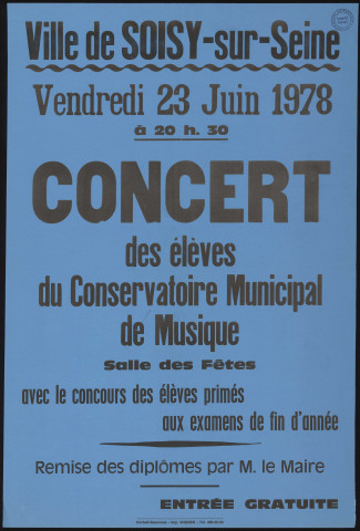 SOISY-SUR-SEINE.- Concert des élèves du Conservatoire municipal de musique, avec le concours des élèves primés aux examens de fin d'année, Salle des fêtes, 23 juin 1978. 