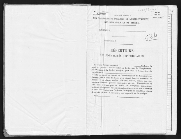 Conservation des hypothèques de CORBEIL. - Répertoire des formalités hypothécaires, volume n° 524 : A-Z (registre ouvert vers 1920). 