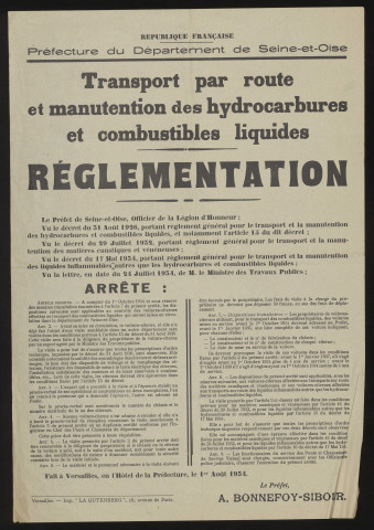Seine-et-Oise [Département]. - Arrêté préfectoral portant sur la réglementation du transport par route et la manutention des hydrocarbures et combustibles liquides, 1er août 1934. 