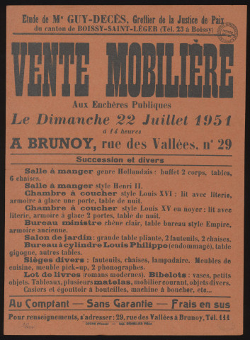 BRUNOY.- Vente aux enchères publiques de mobilier dépendant de successions et divers, 22 juillet 1951. 
