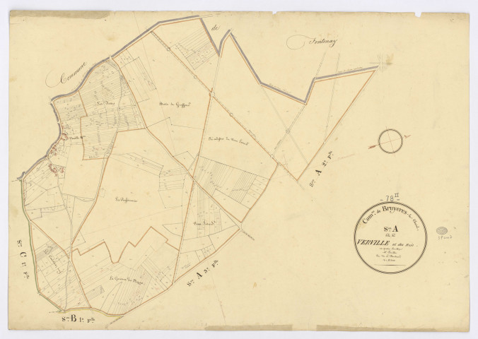 BRUYERES-LE-CHATEL. - Section A - de Verville et des Bois, 4, ech. 1/2500, coul., aquarelle, papier, 65x91 (1820).