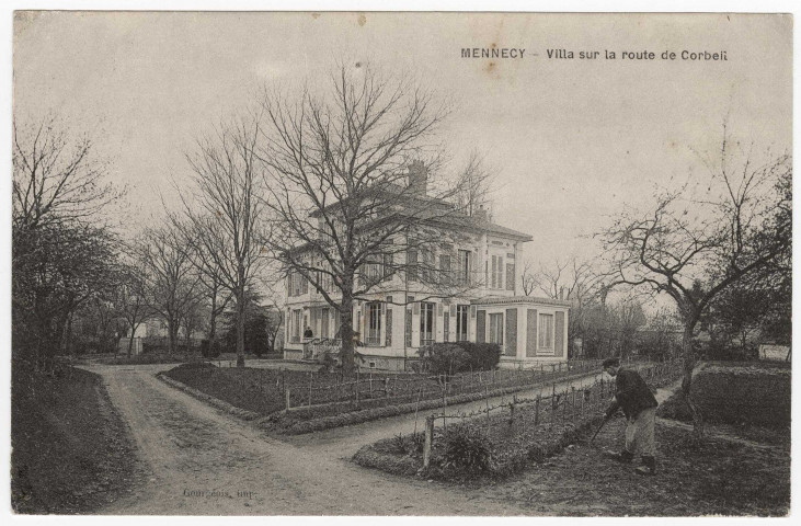 MENNECY. - Villa sur la route de Corbeil [Editeur Gourgeois, 1908, timbre à 10 centimes, 3B166/4]. 