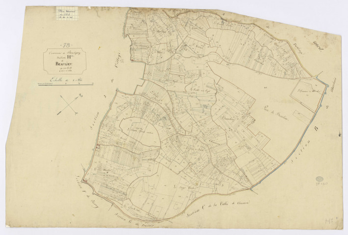 BOUTIGNY-SUR-ESSONNE. - Section H - Beaulieu, ech. 1/2500, coul., aquarelle, papier, 67x98 (1816). 