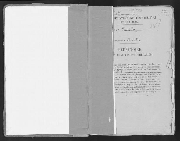 Conservation des hypothèques de CORBEIL. - Répertoire des formalités hypothécaires, volume n° 426 : A-Z (registre ouvert vers 1920). 