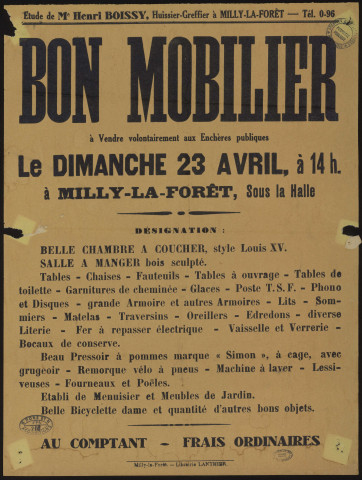 MILLY-LA-FORET. - Vente aux enchères de mobilier, Halles de Milly, [23 avril 1944]. 
