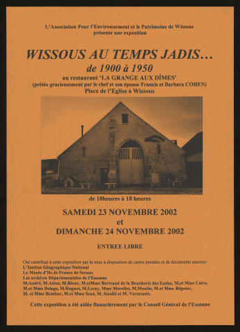 WISSOUS. - Wissous au temps jadis... de 1900 à 1950, Restaurant de la Grange aux Dîmes, 23 novembre-24 novembre 2002. 