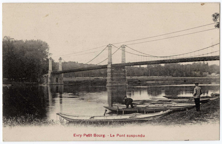 EVRY. - Evry-Petit-Bourg. Le pont suspendu [Editeur Bréger, 1926, timbre à 40 centimes, sépia]. 