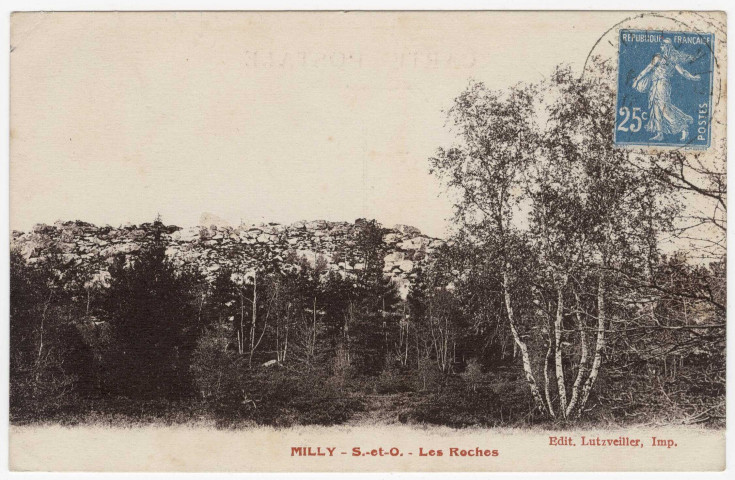 MILLY-LA-FORET. - Les roches en forêt [Editeur Lutzveiller, timbre à 25 centimes, sépia]. 