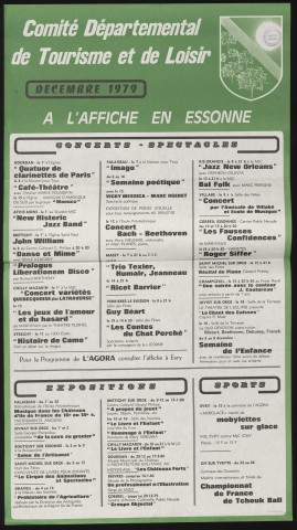 EVRY.- A l'affiche en Essonne : programme culturel, Comité départemental de tourisme et de loisirs, décembre 1979. 