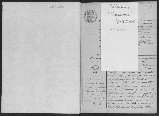 PALAISEAU. - Naissances : registre d'état civil.