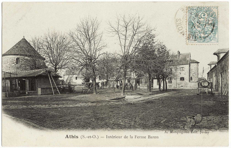 ATHIS-MONS. - Intérieur de la ferme Baron. Editeur Marquignon. 1904. Timbre à 5 centimes. 