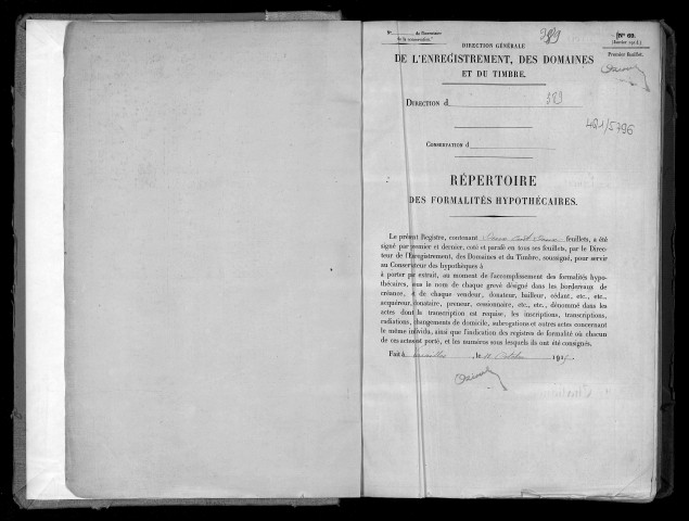 Conservation des hypothèques de CORBEIL. - Répertoire des formalités hypothécaires, volume n° 389 : A-Z (registre ouvert en 1915). 