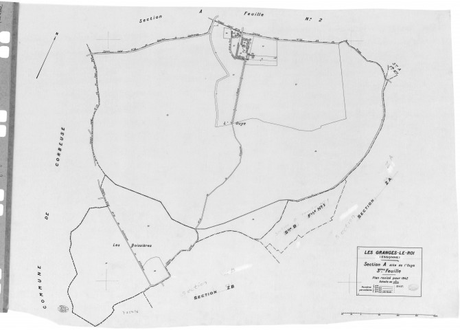 GRANGES-LE-ROI (LES) . - Cadastre révisé pour 1942 : plan du tableau d'assemblage, plans de la section A l'Ouye 3ème feuille, section B la Villeneuve 1ère feuille, idem 3ème feuille, section C le Village 3ème feuille ; cadastre renouvelé pour 1954 : plan du tableau d'assemblage , plans de la section ZA, section ZC, section ZD, section ZF, [10 plans]. 