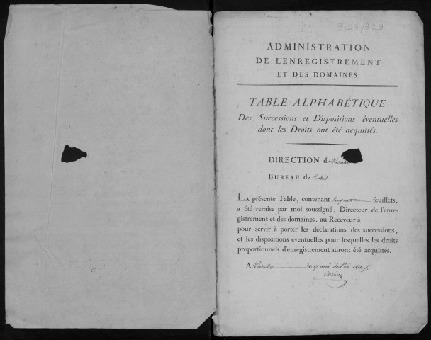 CORBEIL, bureau de l'enregistrement. - Tables des successions. - Vol. 3, avril 1819 - 1824. 