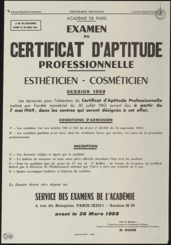 Essonne [Département]. - Examen du certificat d'aptitude professionnelle - Esthéticien - Cosméticien, session 1969 : conditions d'admission et inscription, mars 1969. 