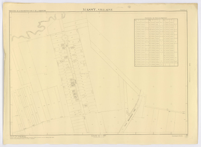 Fonds de plan topographique de MASSY - VILLAINE dressé en 1946 par M. GUITONNEAU, géomètre-expert, vérifié par le Service des Ponts et Chaussées, feuille 2, Ministère de la Reconstruction et de l'Urbanisme, 1948. Ech. 1/500. N et B. Dim. 0,80 x 1,10. 
