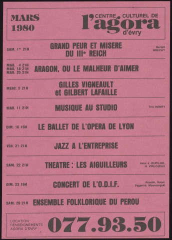 EVRY. - Théâtre, danse, musique, variétés, cinéma, arts plastiques : programme culturel, Centre culturel de l'Agora, mars 1980. 