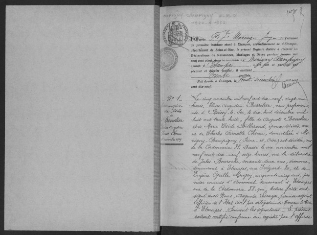 MORIGNY-CHAMPIGNY. - Naissances, mariages, décès : registre d'état civil.