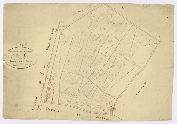BALLAINVILLIERS. - Section E - Grange aux Cercles (la), ech. 1/1250, coul., aquarelle, papier, 65x94 (1811). 