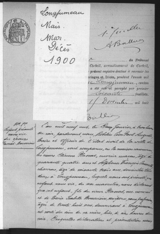 LONGJUMEAU.- Naissances, mariages, décès : registre d'état civil (1900). 