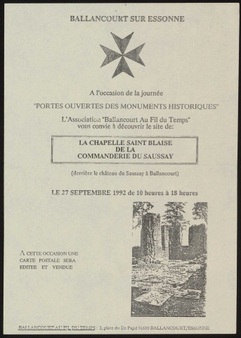 BALLANCOURT-SUR-ESSONNE. - Portes ouvertes des monuments historiques : la chapelle Saint-Blaise de la Commanderie du Saussay, 27 septembre 1992. 