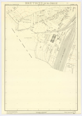 Plan topographique régulier de BRETIGNY-SUR-ORGE dressé et dessiné par M. DESCAMPS, géomètre à PARIS, établi à l'aide du plan existant, mis à jour en 1963 et complété par un levé régulier, vérifié par le Service du Cadastre, feuille 7, Ministère de la Construction, 1963. Ech. 1/2.000. N et B. Dim. 1,05 x 0,75. 
