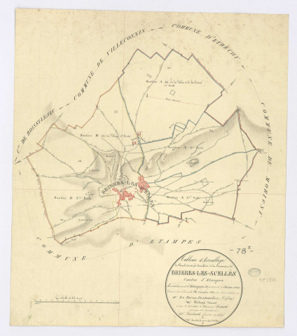 BRIERES-LES-SCELLES. - Plan d'assemblage, ech. 1/10000, coul., aquarelle, papier, 58x49 (1824). 