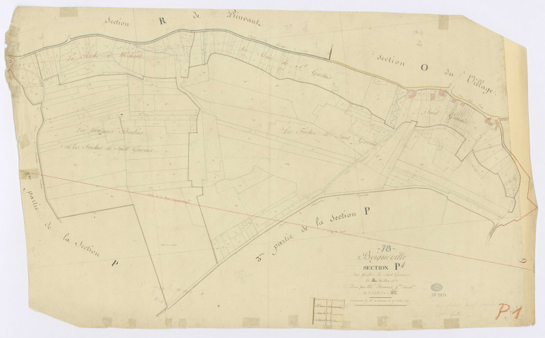 BOIGNEVILLE. - Section P - Friches de Saint-Gervais (les), 1, ech. 1/1250, coul., aquarelle, papier, 64x103 (1813). 
