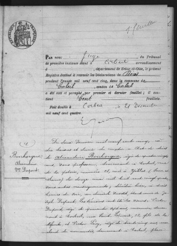 CORBEIL.- Décès : registre d'état civil (1905). 
