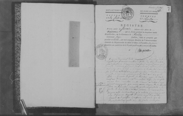 LARDY. Naissances, mariages, décès : registre d'état civil (an V-1807). [mariages (an VII et les six premiers mois de l'an VIII), voir 4E1469]. 