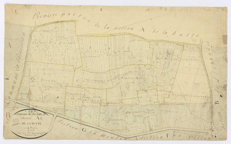 CHAMPLAN. - Section A - Butte (la), 2, ech. 1/1250, coul., aquarelle, papier, 51x83 (1811). 