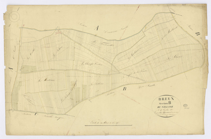 BREUX-JOUY. - Section B - Village (le), 1ère feuille, ech. 1/1250, coul., aquarelle, papier, 68x103 (1826). 