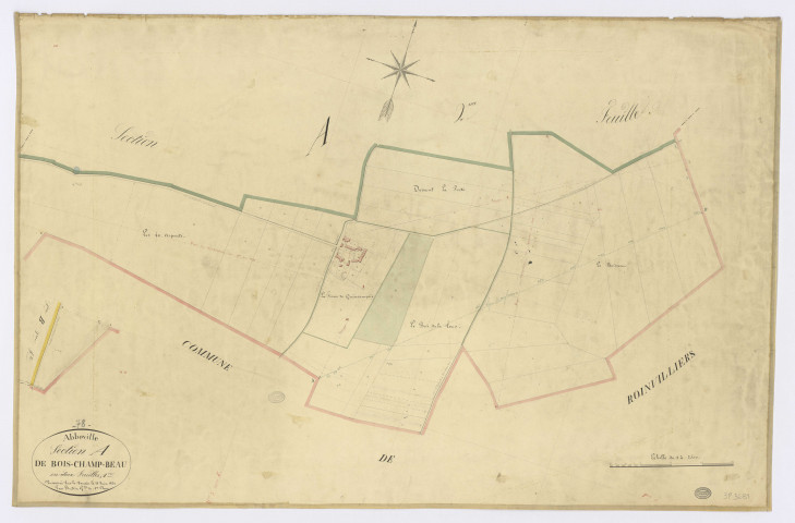 ABBEVILLE-LA-RIVIERE. - Section A - Bois-Champ-Beau, 1, ech. 1/2500, coul., aquarelle, papier, 65x98 (1831). 