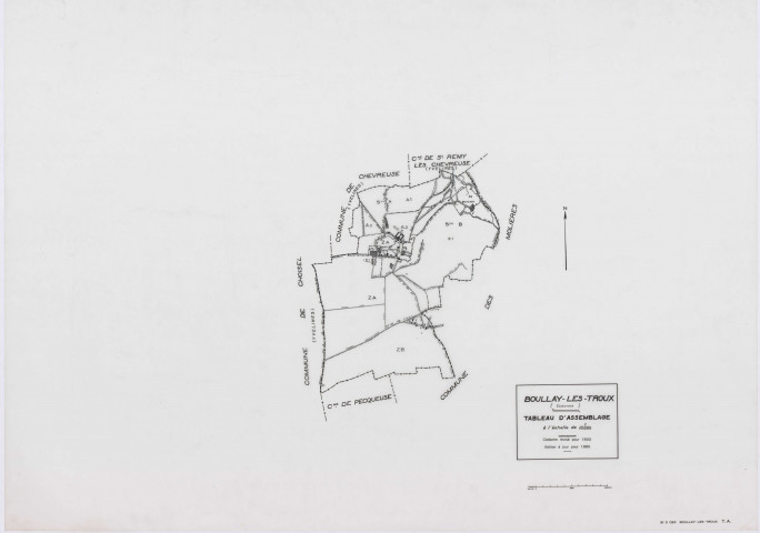 BOULLAY-LES-TROUX, plans minutes de conservation : tableau d'assemblage,1933, Ech. 1/10000 ; plans des sections A1, A2, B2, 1933, Ech. 1/1250, section B1, 1933, Ech. 1/2500, sections ZA, ZB, 1968, Ech. 1/2000. Polyester. N et B. Dim. 105 x 80 cm [7 plans]. 