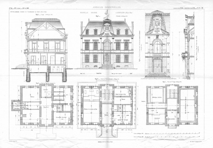 ARPAJON. Plan de la nouvelle mairie, Jules Laroche, architecte de l'arrondissement de Corbeil, N et B. Dim. 42 x 60. 
