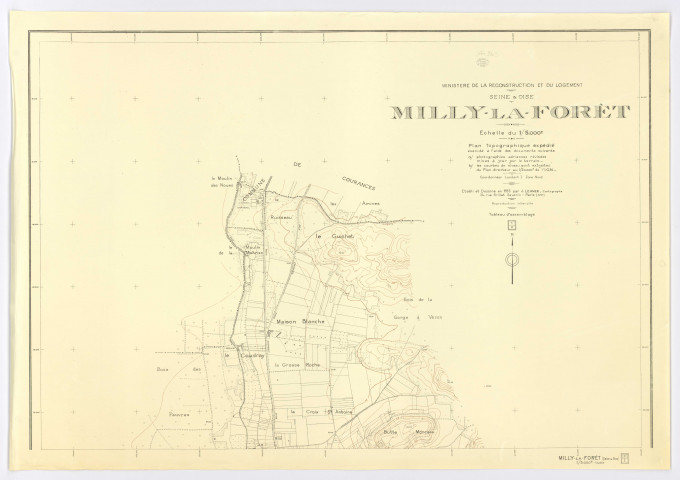 Plan topographique de MILLY-LA-FORET établi et dessiné par J. LEHNER, cartographe, feuille 1, 1955. Ech. 1/5 000. N et B. Dim. 0,73 x 1,05. 