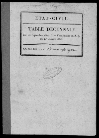 BREUX-JOUY. Tables décennales (1802-1902). 