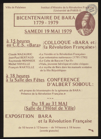 PALAISEAU. - Bicentenaire de Bara (1779-1979) : exposition, colloque sur Bara et la Révolution Française, conférence d'Albert Soboul, 18 mai -31 mai 1979. 
