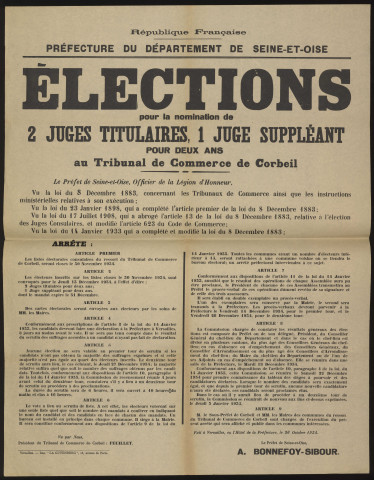 CORBEIL-ESSONNES. - Arrêté préfectoral portant sur l'élection de deux juges titulaires et d'un juge suppléant, pour deux ans, au Tribunal de Commerce de Corbeil, 26 octobre 1934. 