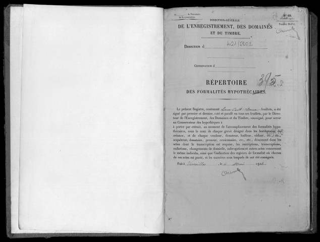 Conservation des hypothèques de CORBEIL. - Répertoire des formalités hypothécaires, volume n° 395 : A-Z (registre ouvert en 1916). 