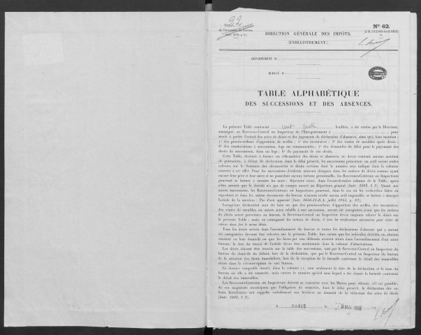 PALAISEAU - Bureau de l'enregistrement. - Table des successions (1957). 