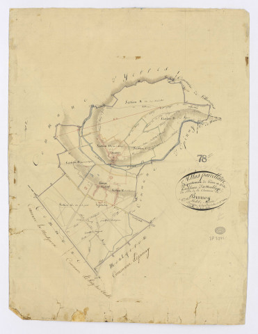 BRUNOY. - Plan d'assemblage, ech. 1/10000, coul., aquarelle, papier, 66x50 (1810). 