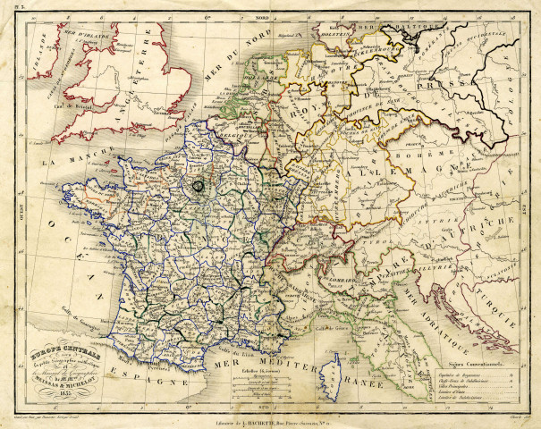 Carte d'Europe centrale, d'après gravure sur acier par DUMORTIER, pour la petite géographie méthodique et le manuel de géographie de MM. MEISSARS et MICHELOT.