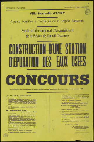 EVRY. - Avis de concours pour la construction d'une station d'épuration des eaux usées de la ville nouvelle d'Evry, 12 avril 1969. 